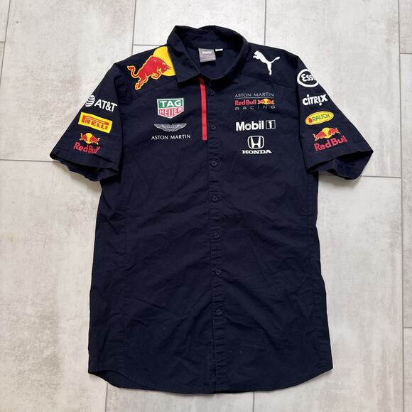 Puma Red Bull F1 Racing Aston Martin Full Button Down Polo Shirt Men's Medium - Picture 2 of 16